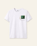 Kids white tee with a small Pakistan flag patch on the chest