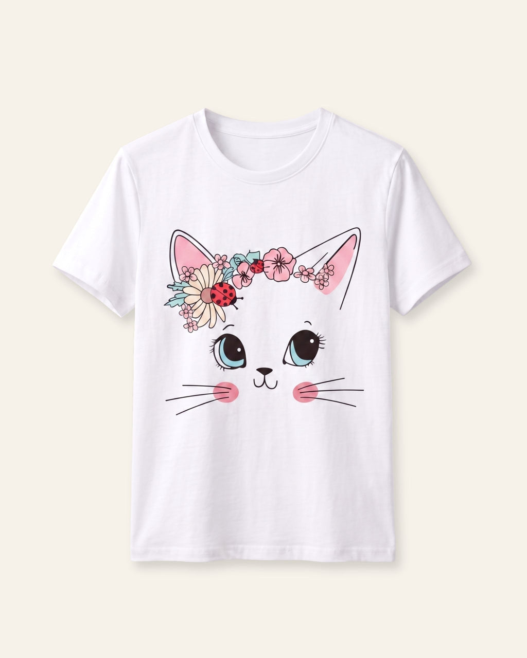 Girls Floral Cat Tee — White
