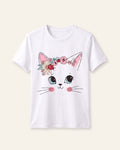 Girls Floral Cat Tee — White