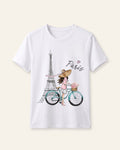 White kids cotton tee with a watercolour Eiffel Tower and cyclist print