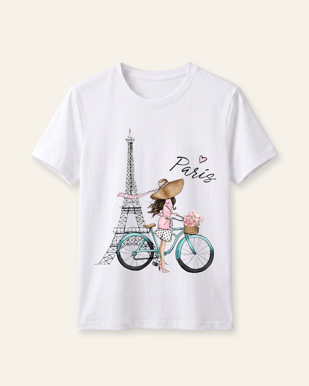 White kids cotton tee with a watercolour Eiffel Tower and cyclist print