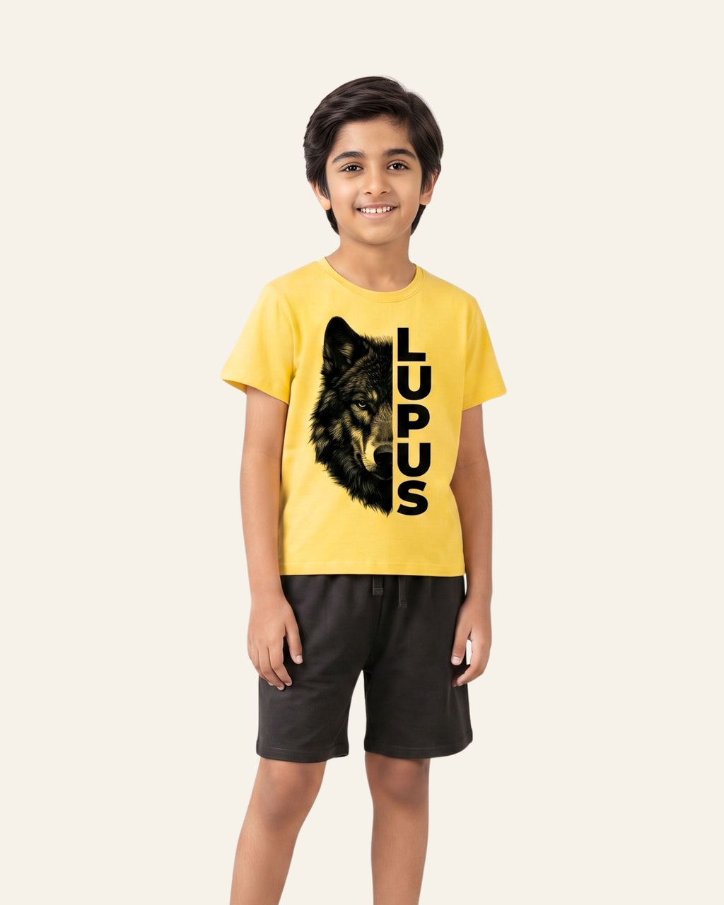 Boys Wolf Graphic Shorts Set — Yellow