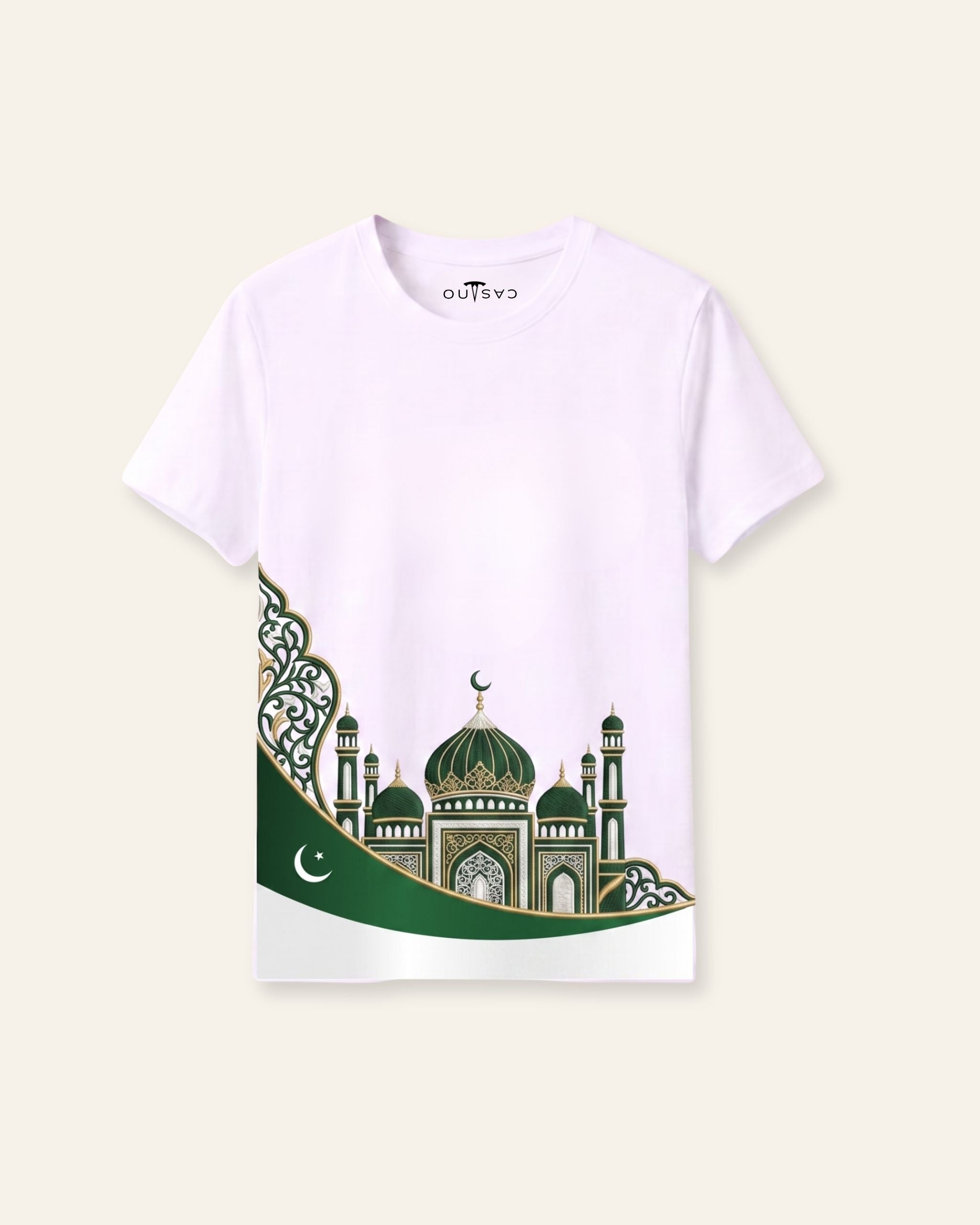 Kids white tee with a line drawing of the Badshahi Mosque in green