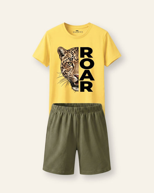 Boys yellow short set with fierce leopard graphic, ages 3-14