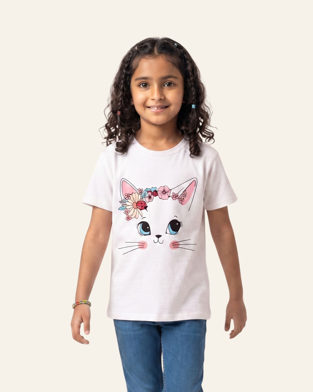 Girls Floral Cat Tee — White