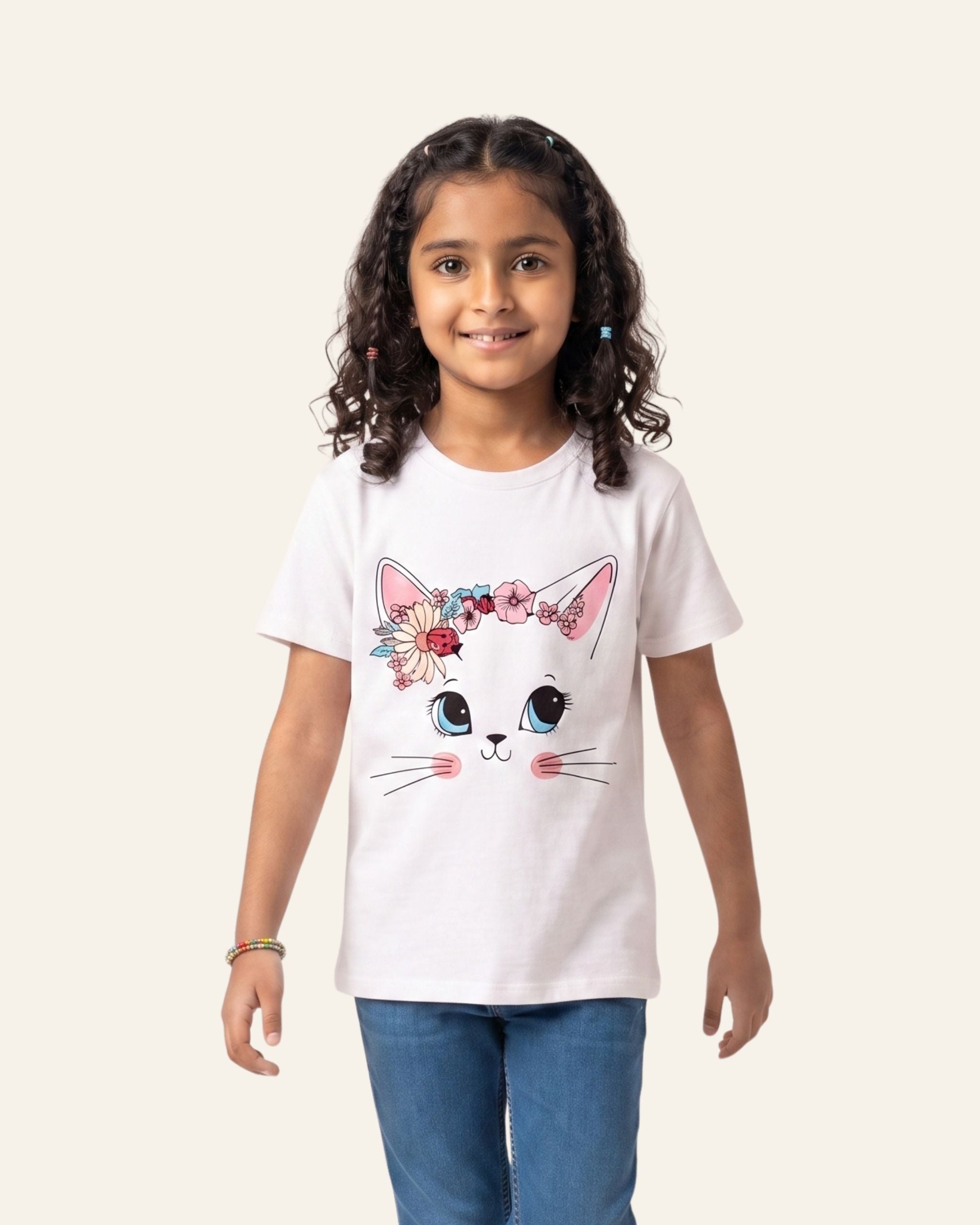 Girls Floral Cat Tee — White
