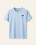 Kids sky blue basic tee with a black OUTCAST logo, flat front