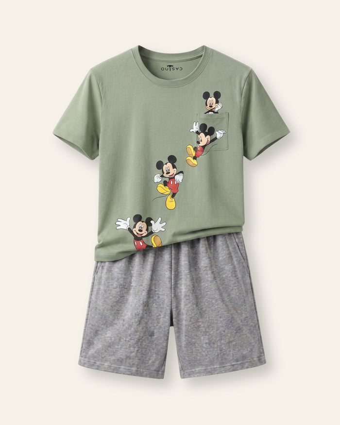 Boys Cartoon Mouse Shorts Set — Sage