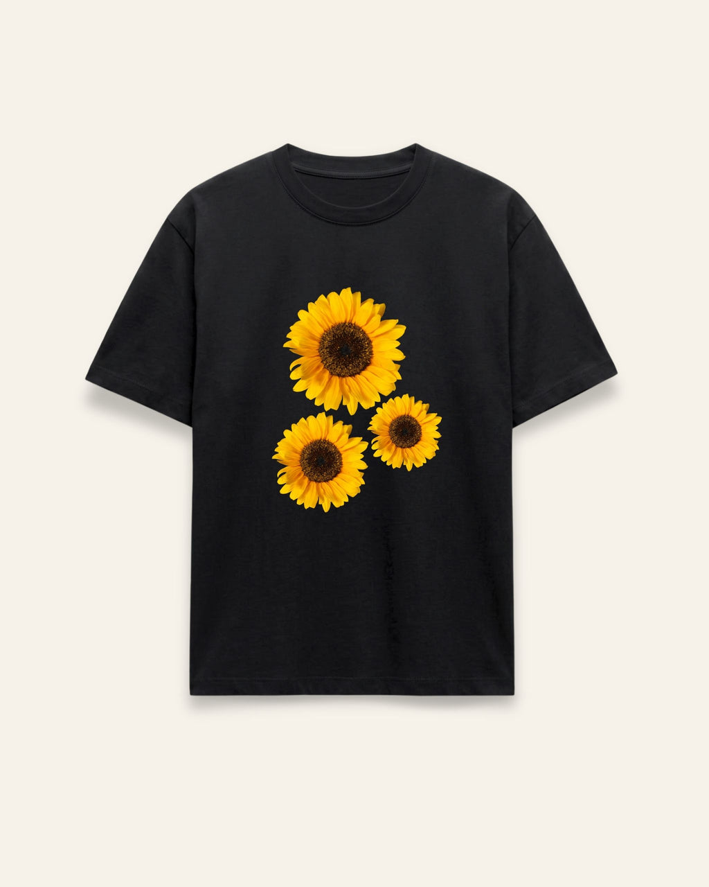 Women's black cotton tee with sunflower bloom print on the front