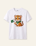 Kids white tee with a tiger cub holding the Pakistan flag