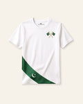 Kids white tee with the Pakistan flag printed as a sash across the chest