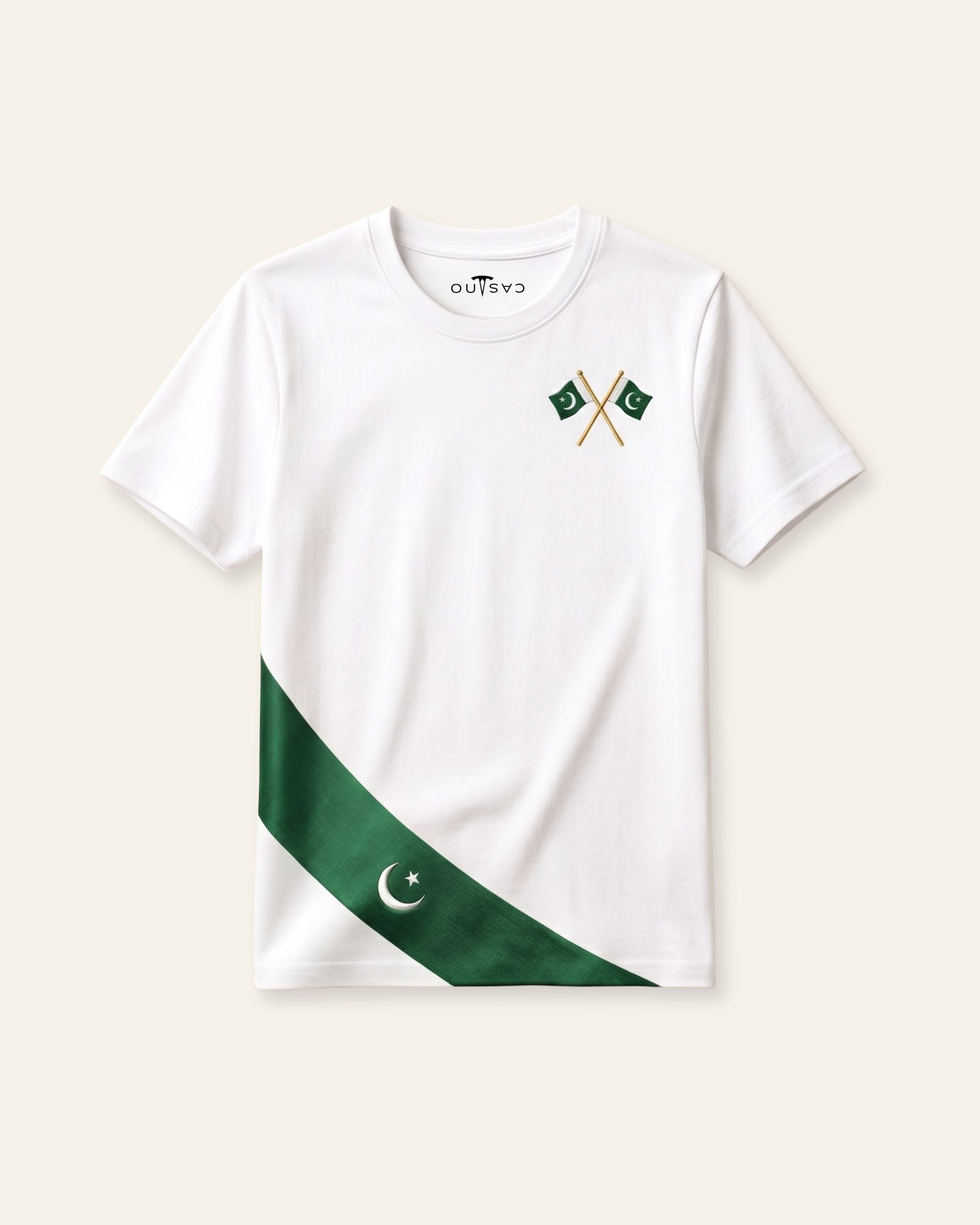 Kids white tee with the Pakistan flag printed as a sash across the chest