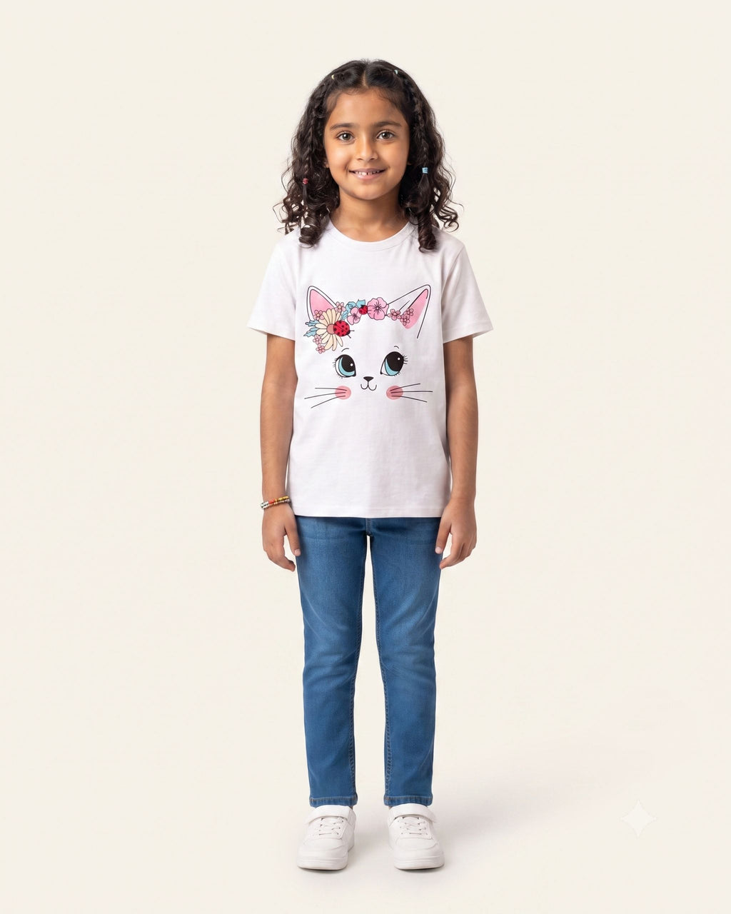 Girls Floral Cat Tee — White