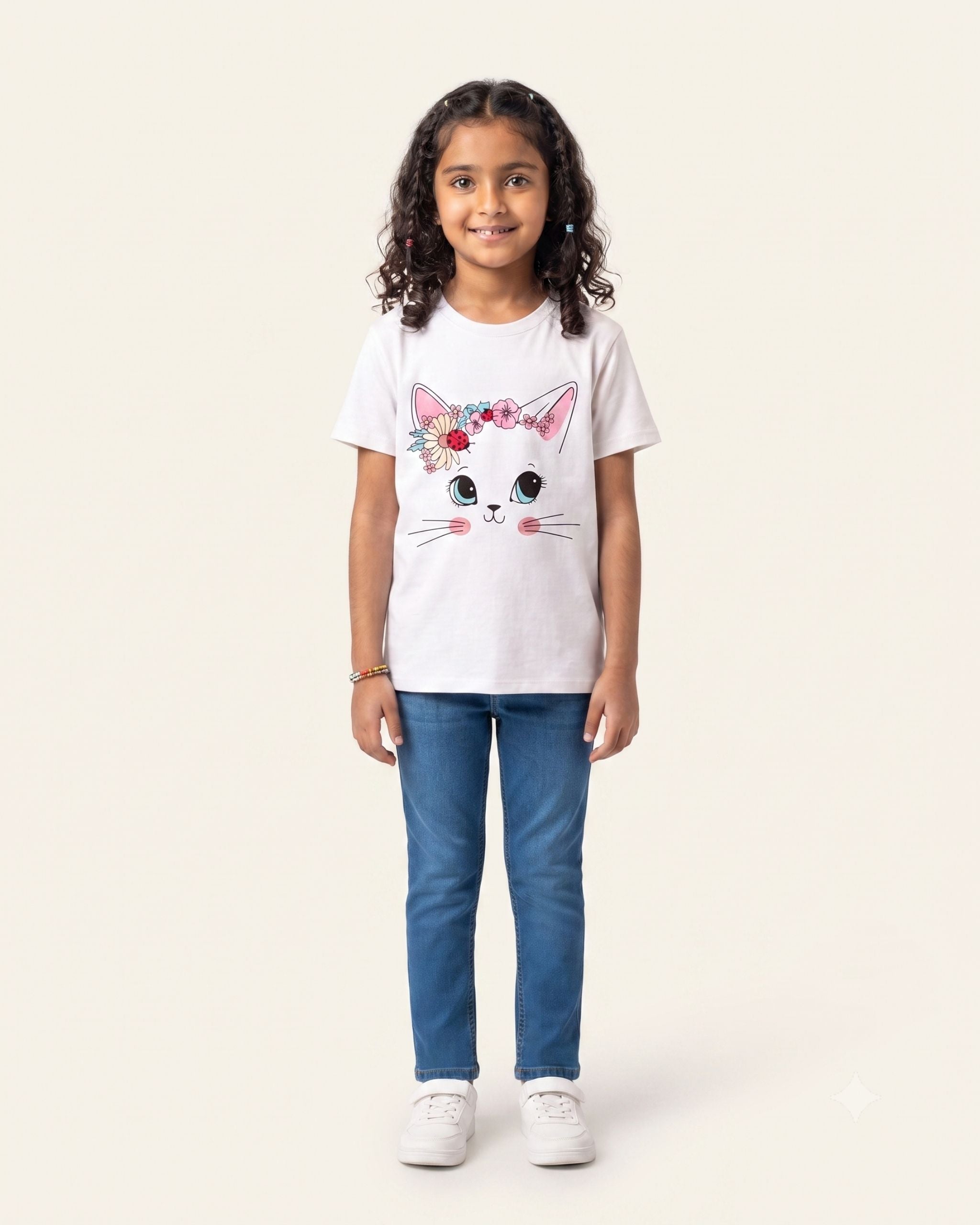 Girls Floral Cat Tee — White