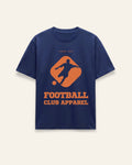 Front of the navy cotton tee with a bold orange football crest print