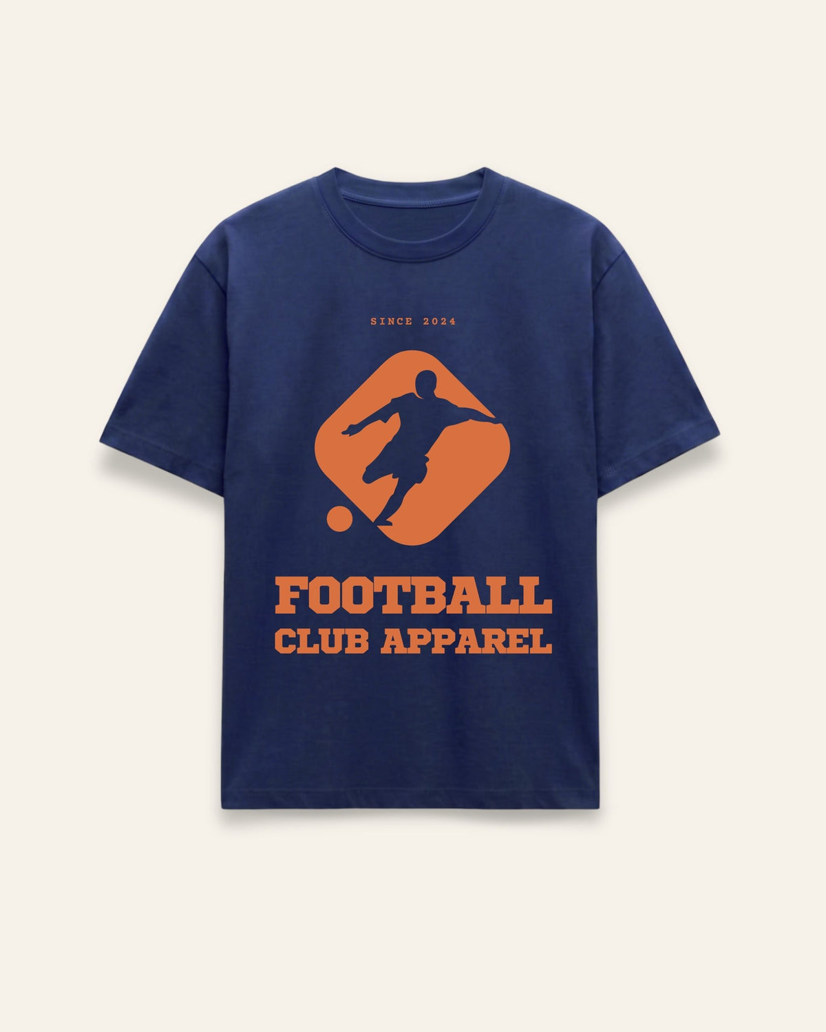 Front of the navy cotton tee with a bold orange football crest print