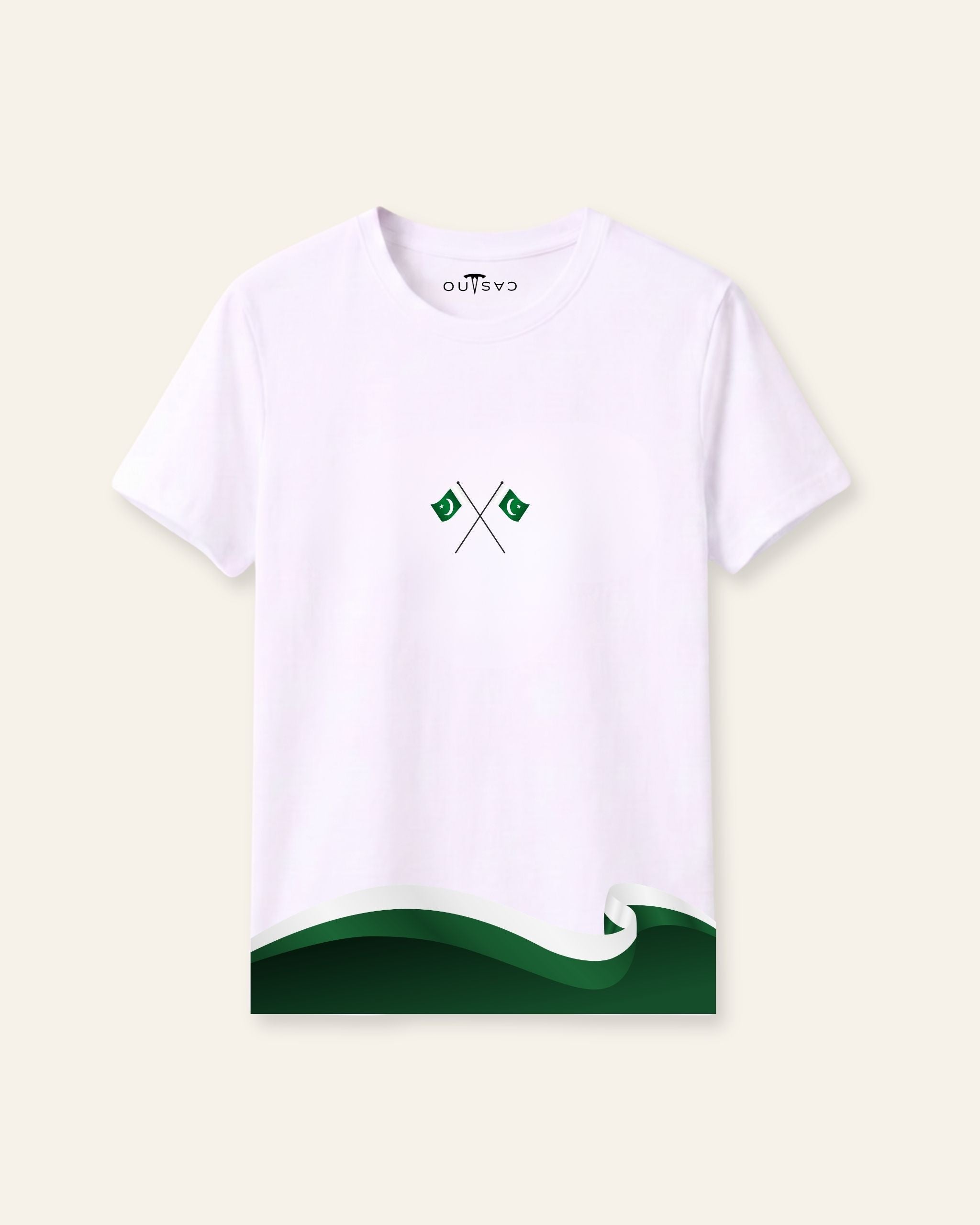 Kids white tee with a green flag wave print along the hem