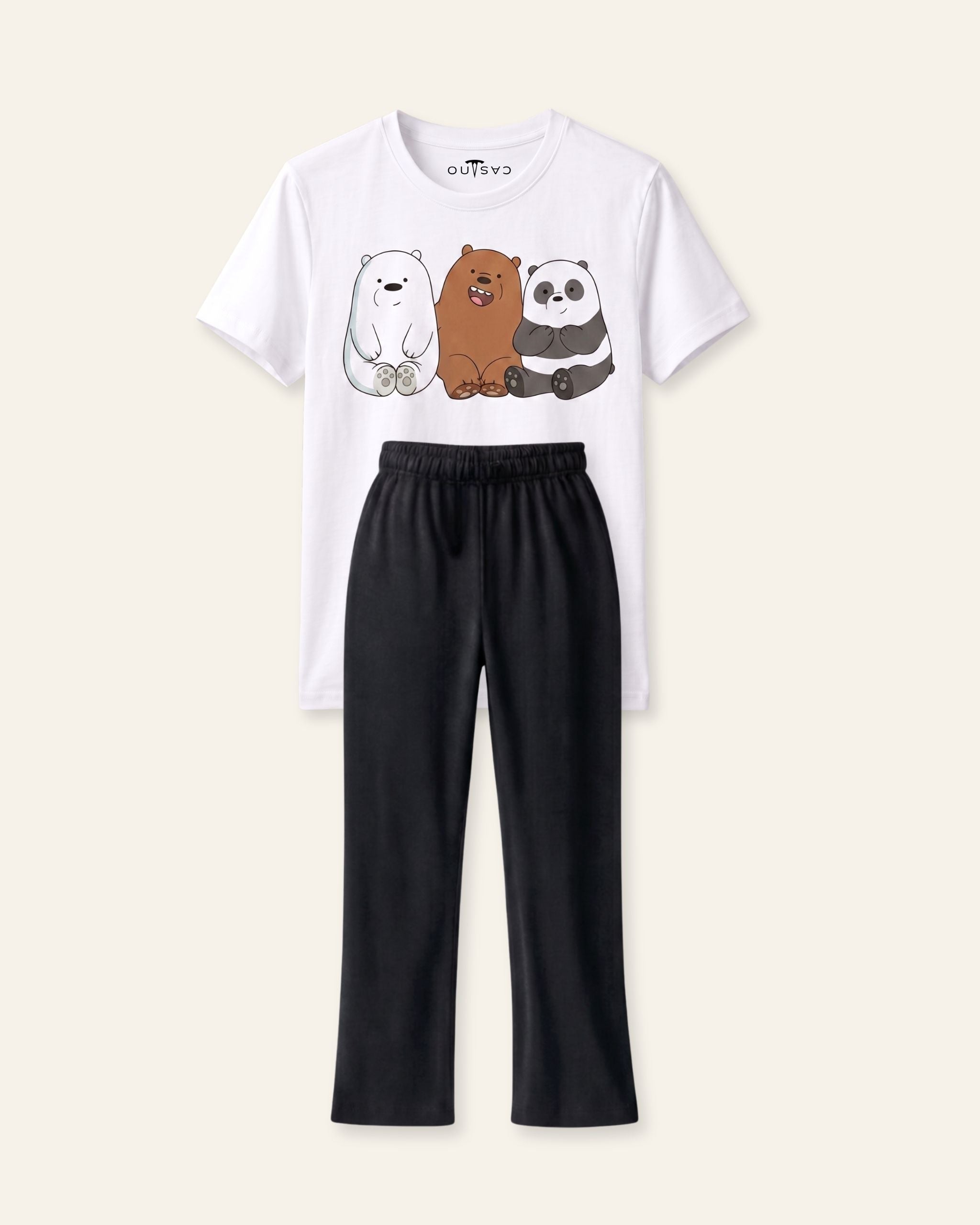 Girls Cartoon Bears Trouser Set — White