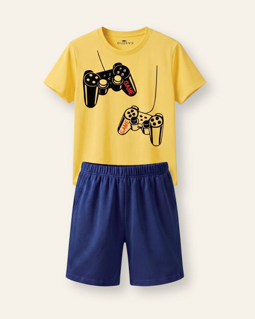 Boys yellow short set with cool gaming controller print, ages 3-14