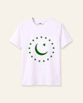 Kids white tee with a crescent ringed by stars print