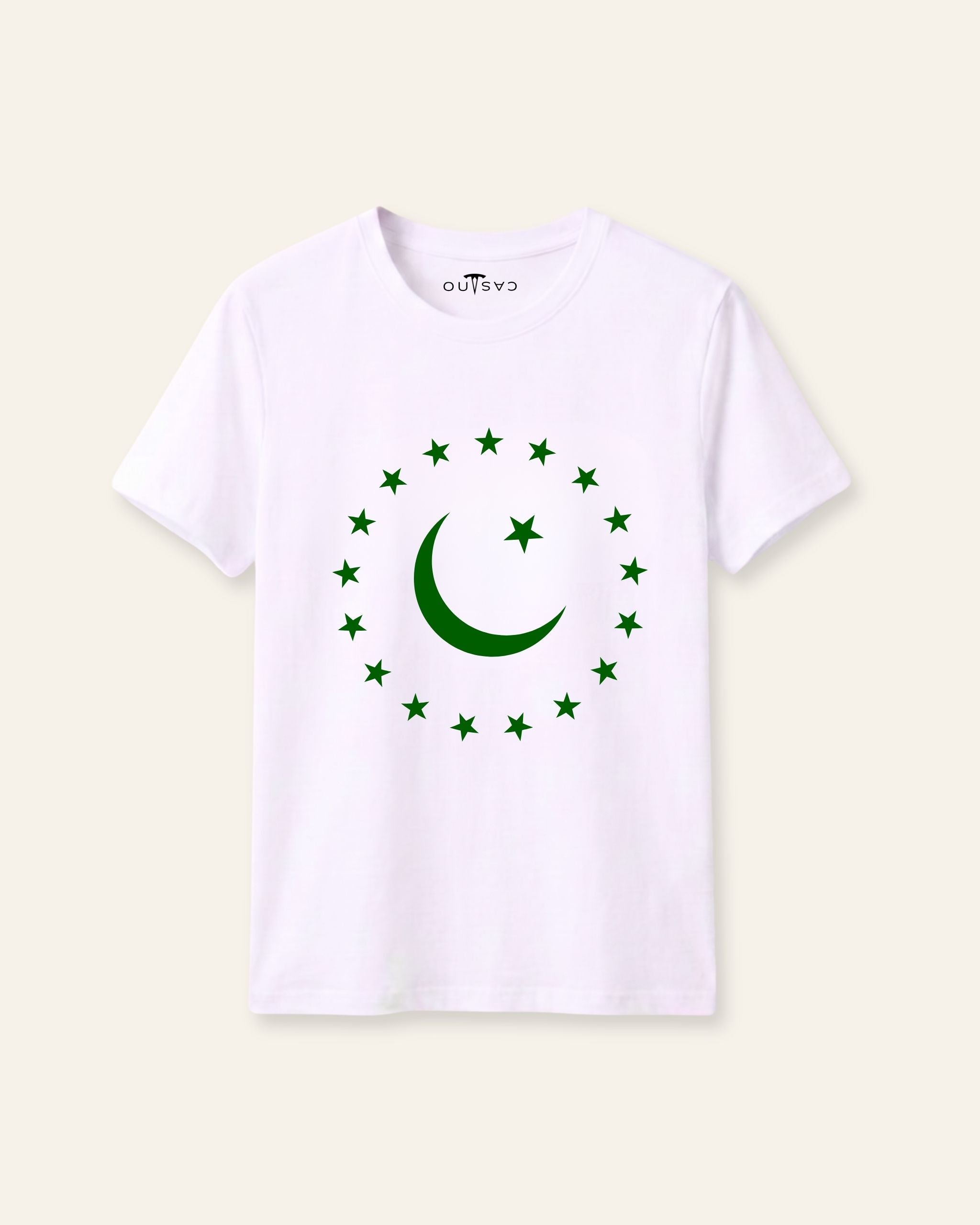 Kids white tee with a crescent ringed by stars print