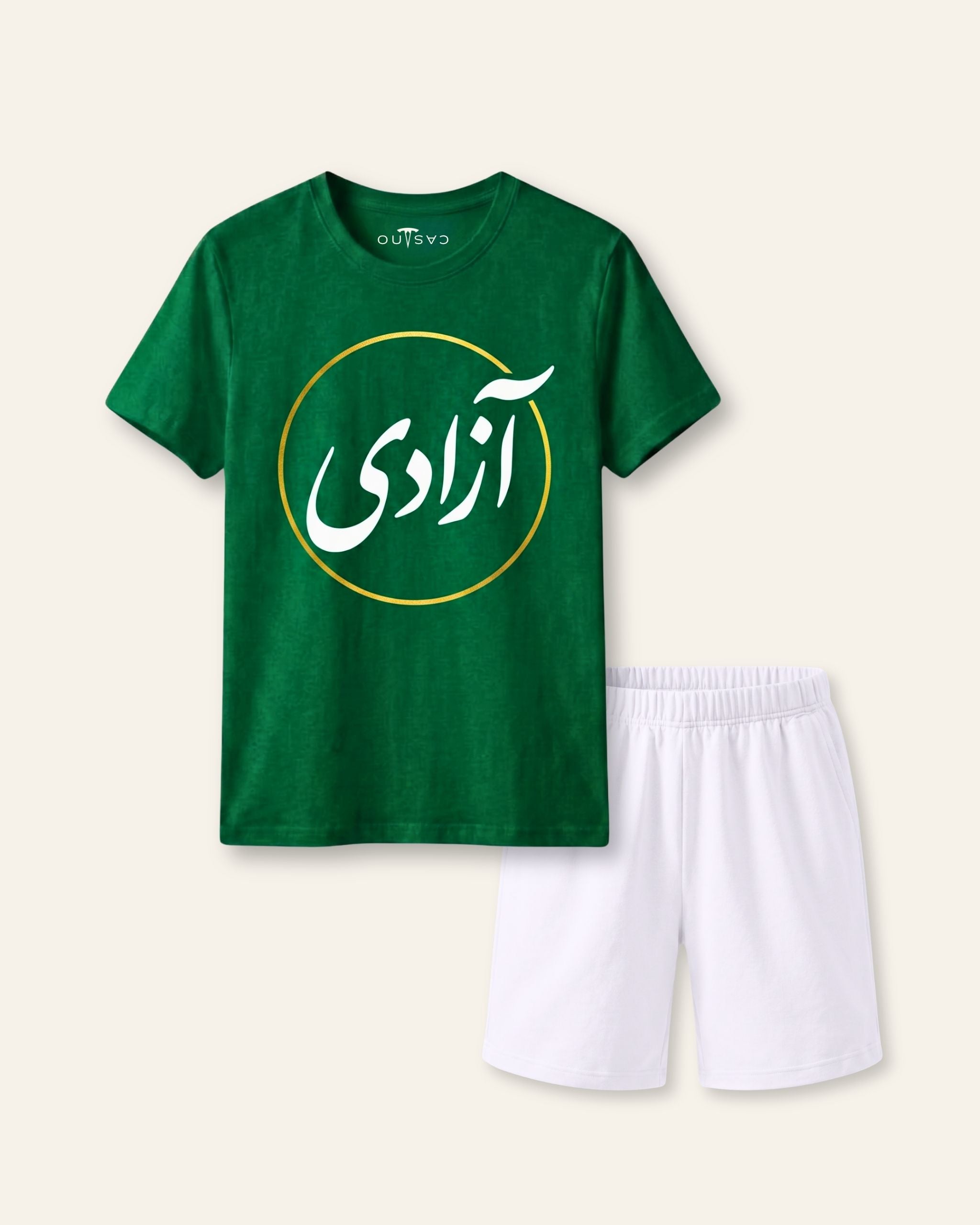 Kids green tee with Azadi in bold Urdu script and white shorts