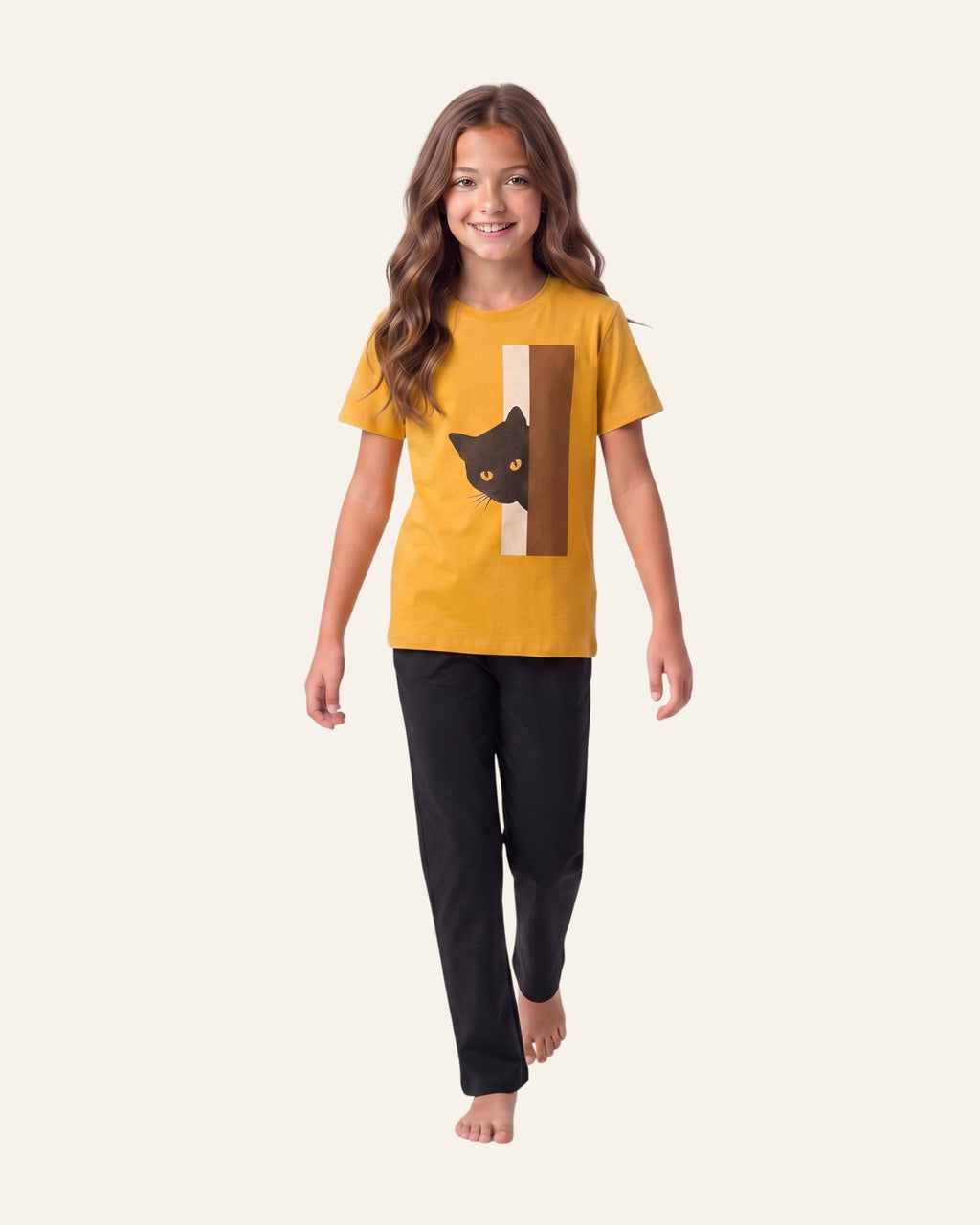 Girls Peekaboo Cat Trouser Set — Mustard
