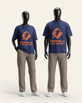 Two adults in matching navy cotton tees with a bold orange football crest print