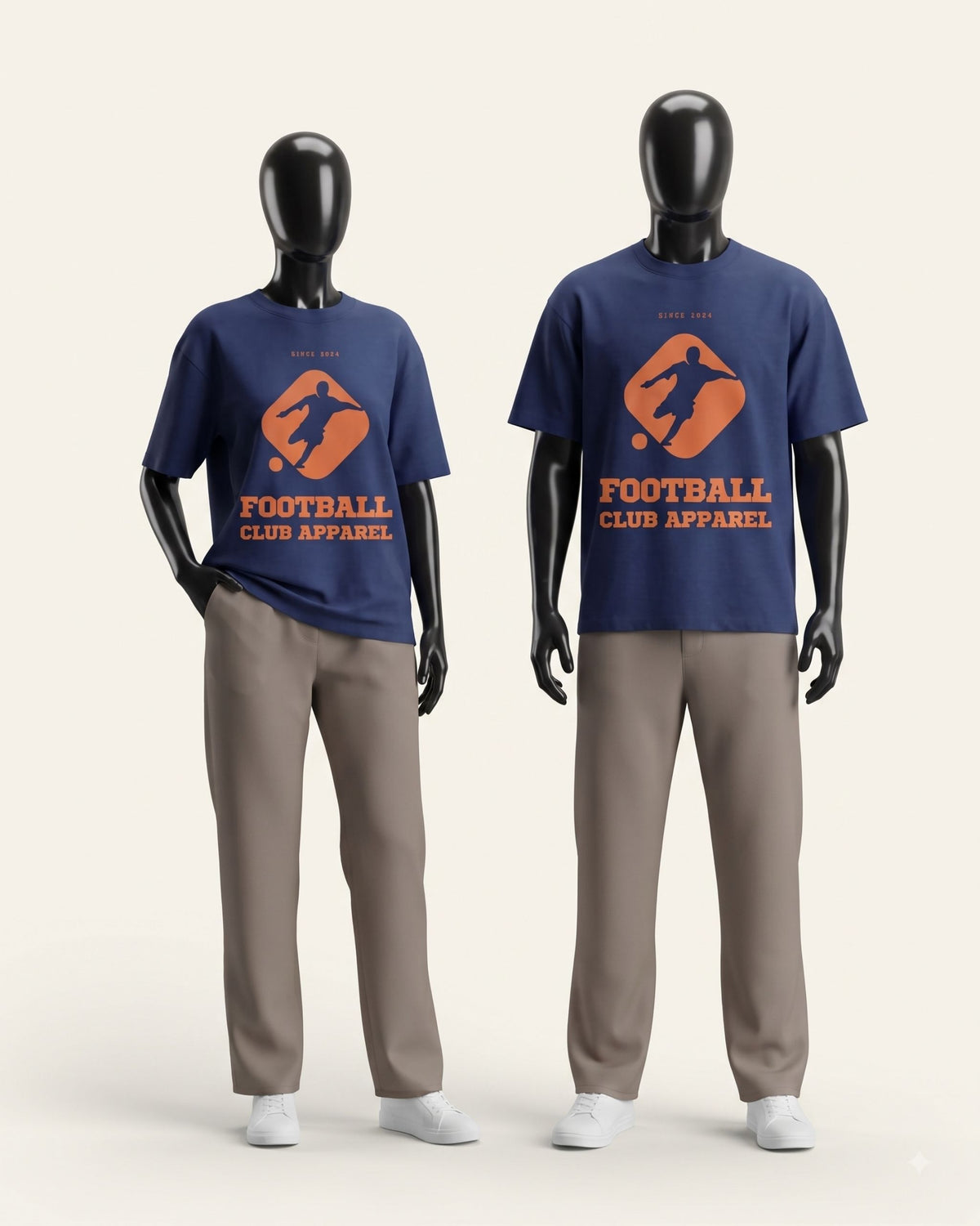 Two adults in matching navy cotton tees with a bold orange football crest print