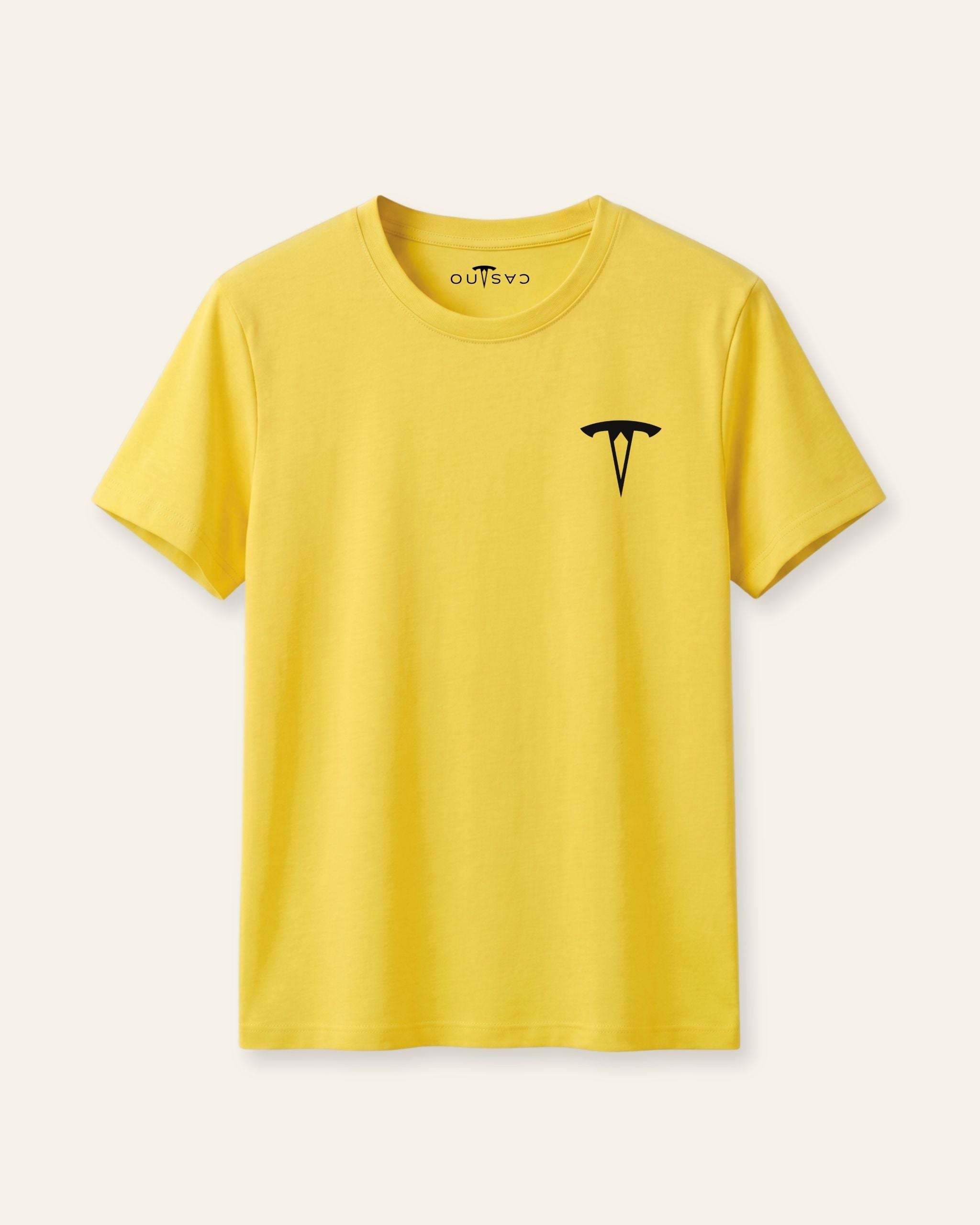 Kids yellow basic tee with a black OUTCAST logo, flat front