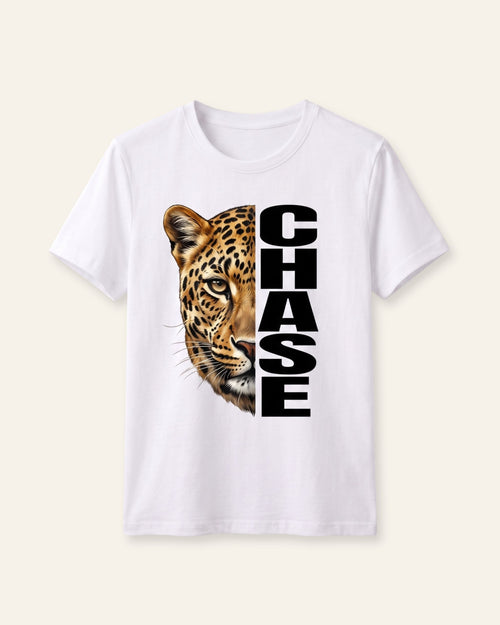 Boys white tee with fierce leopard paired with bold CHASE lettering, printed down the front, ages 3-14