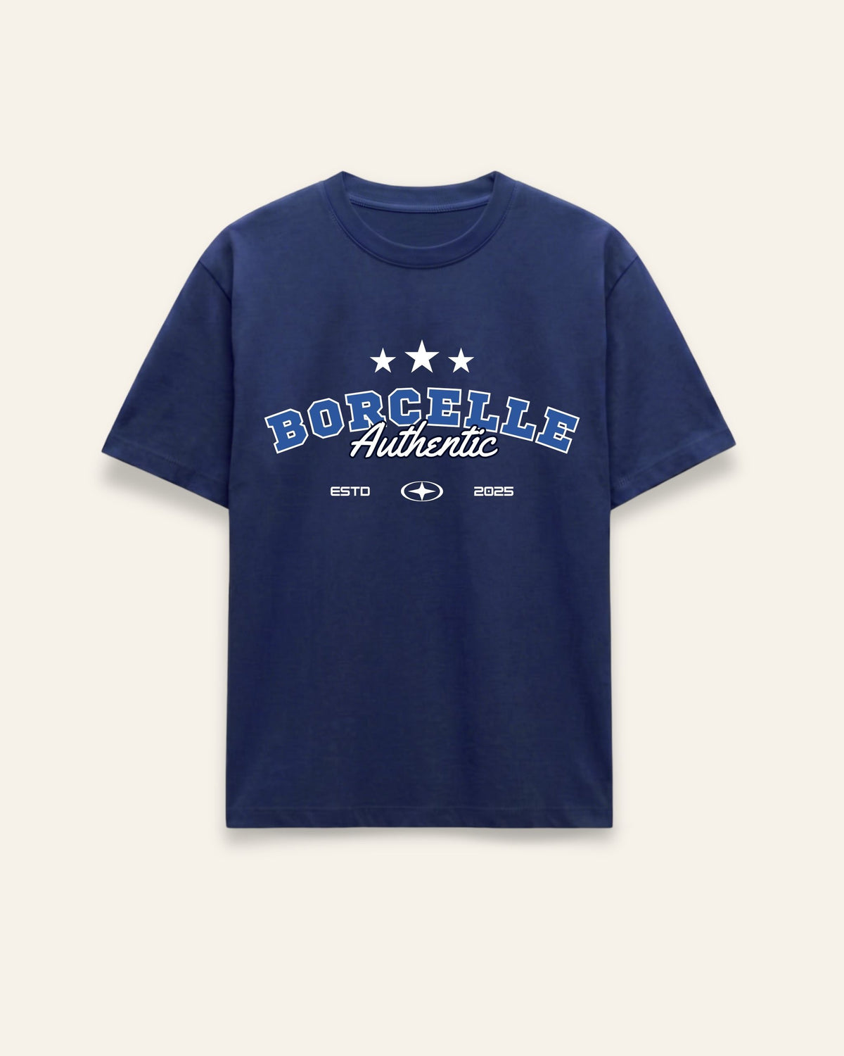 Back of the navy cotton tee with a starred varsity arch print