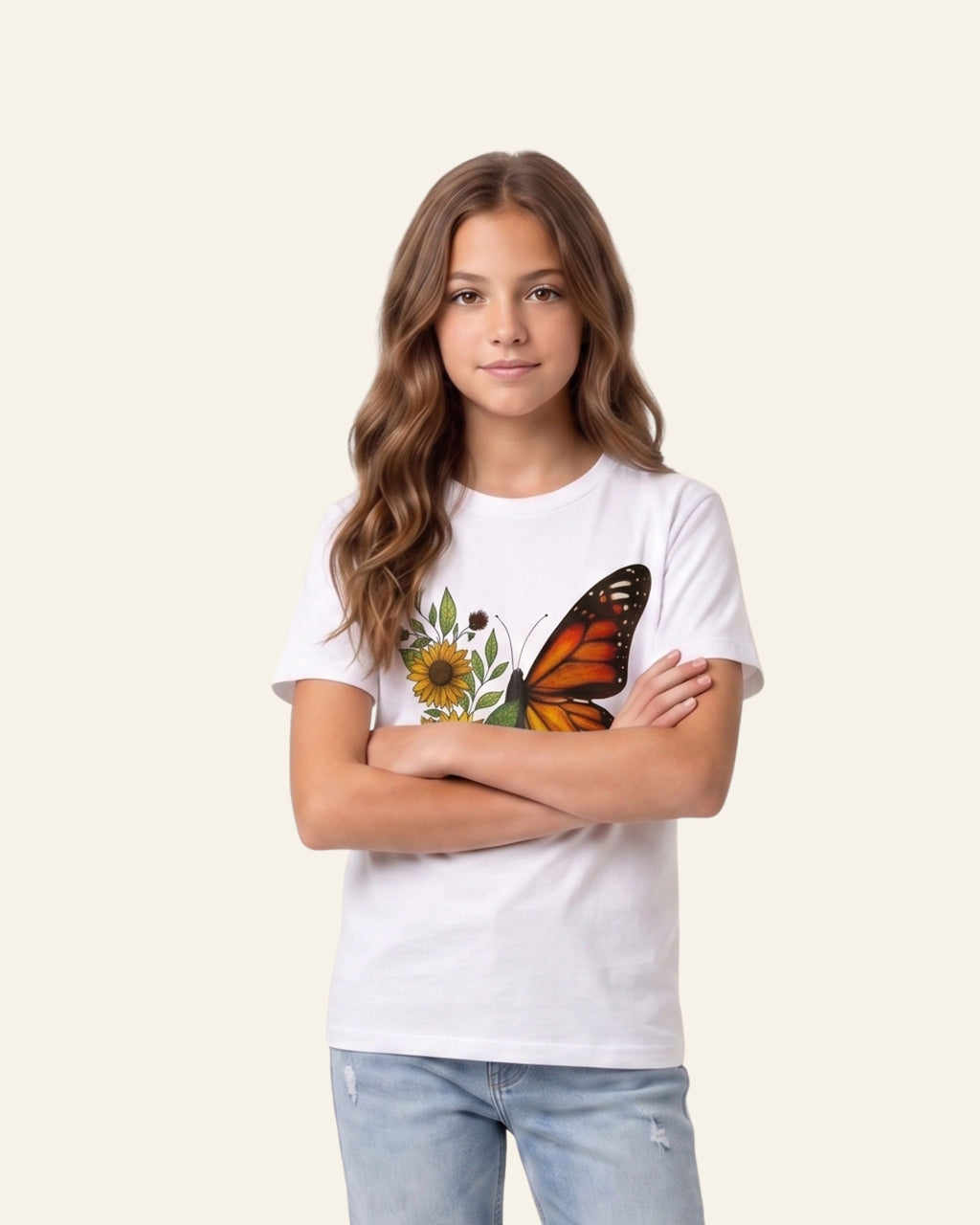 Girls Butterfly Sunflower Tee — White