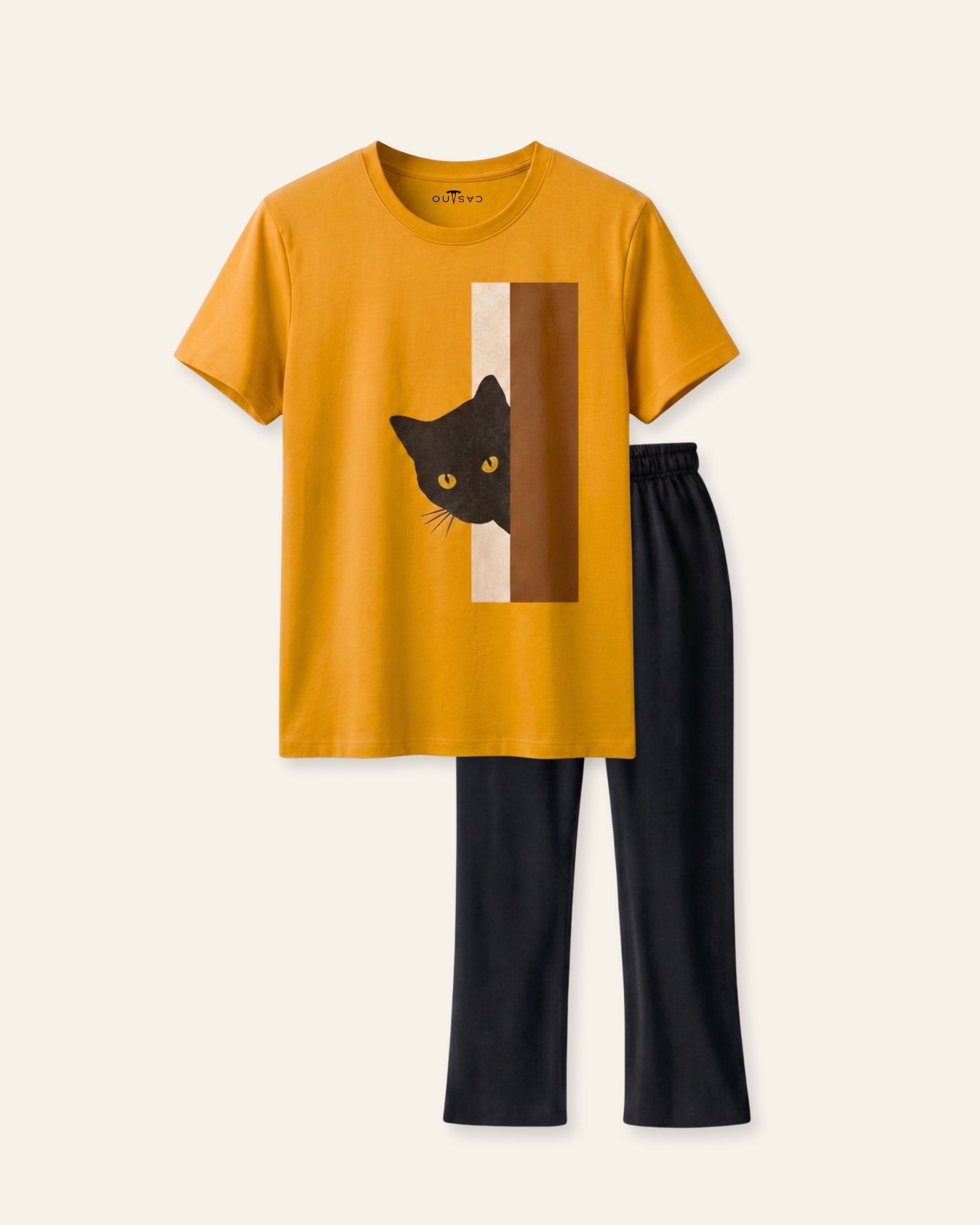 Girls Peekaboo Cat Trouser Set — Mustard