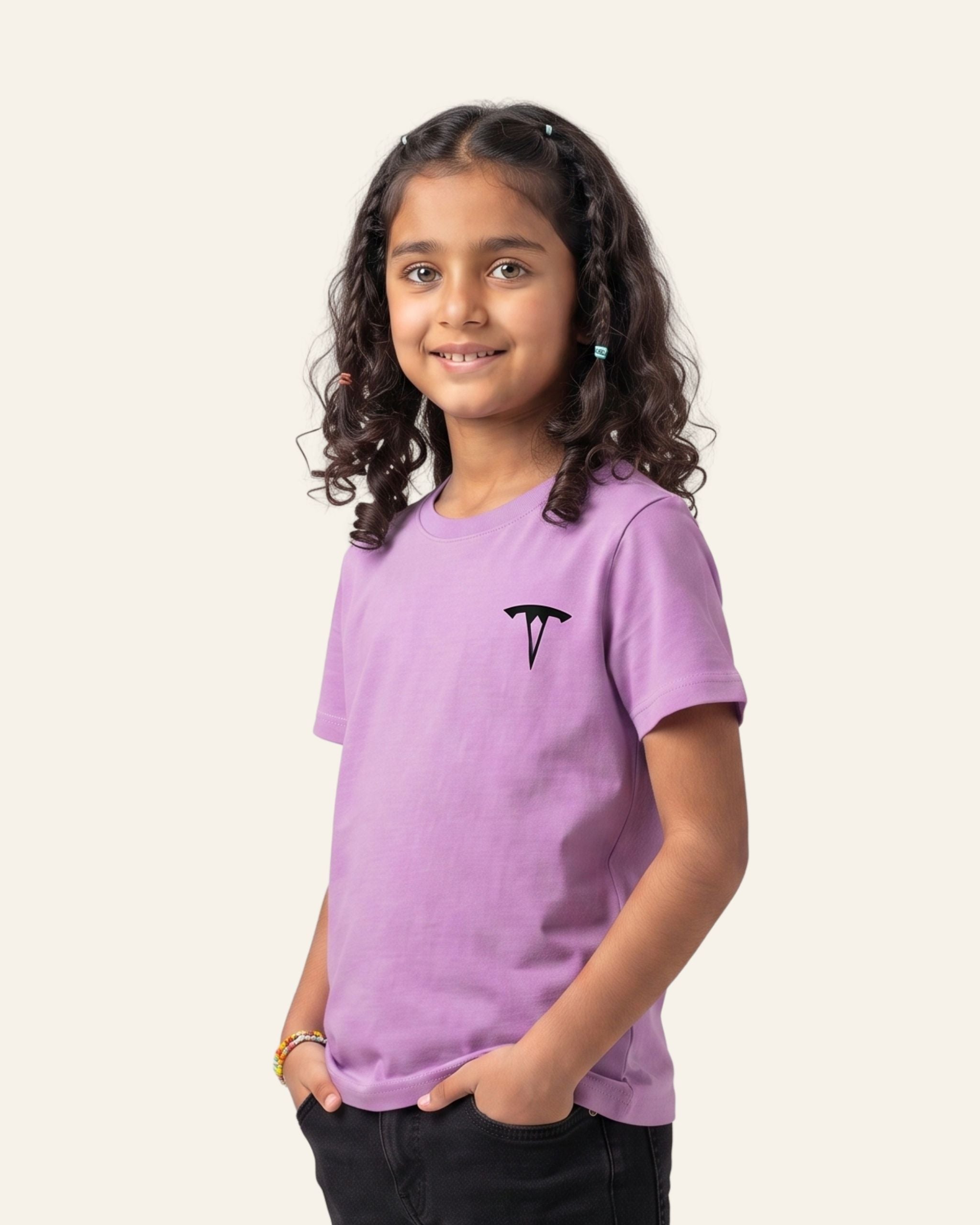 Girl wearing an orchid OUTCAST basic tee