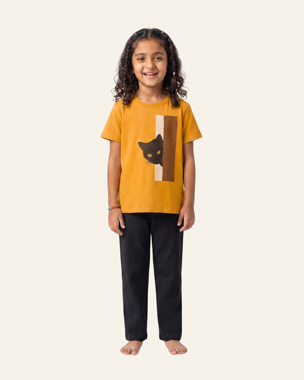 Girls Peekaboo Cat Trouser Set — Mustard