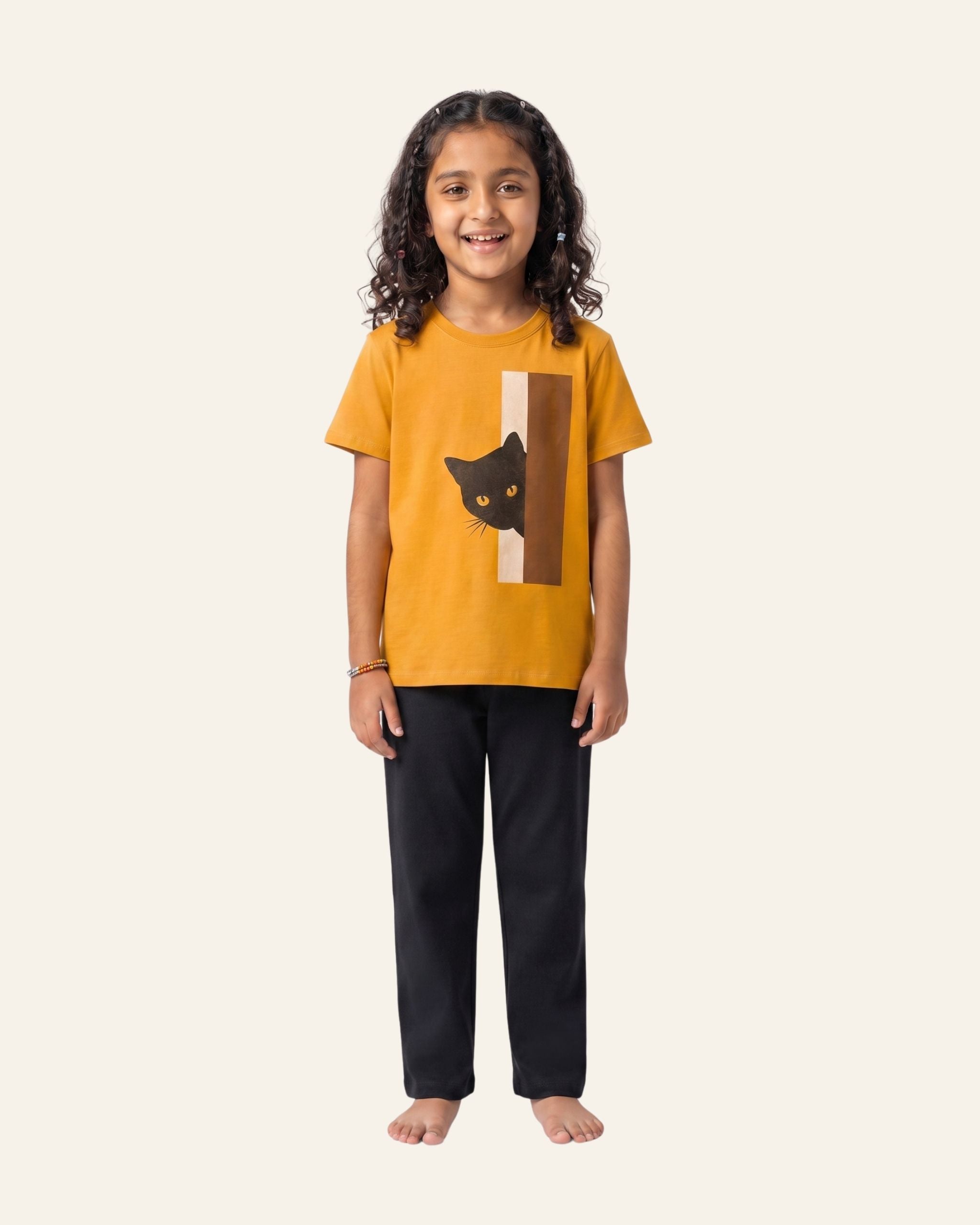 Girls Peekaboo Cat Trouser Set — Mustard