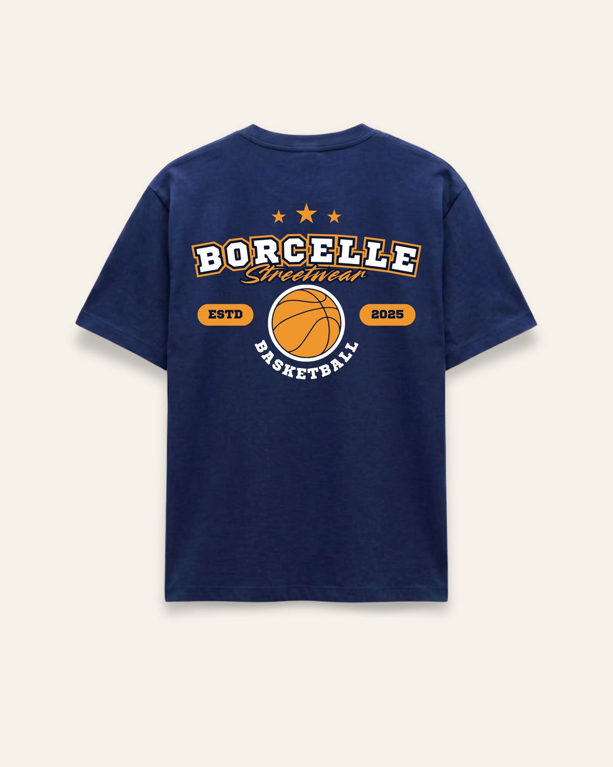 Front of the navy cotton tee with a collegiate basketball badge and stitched banner