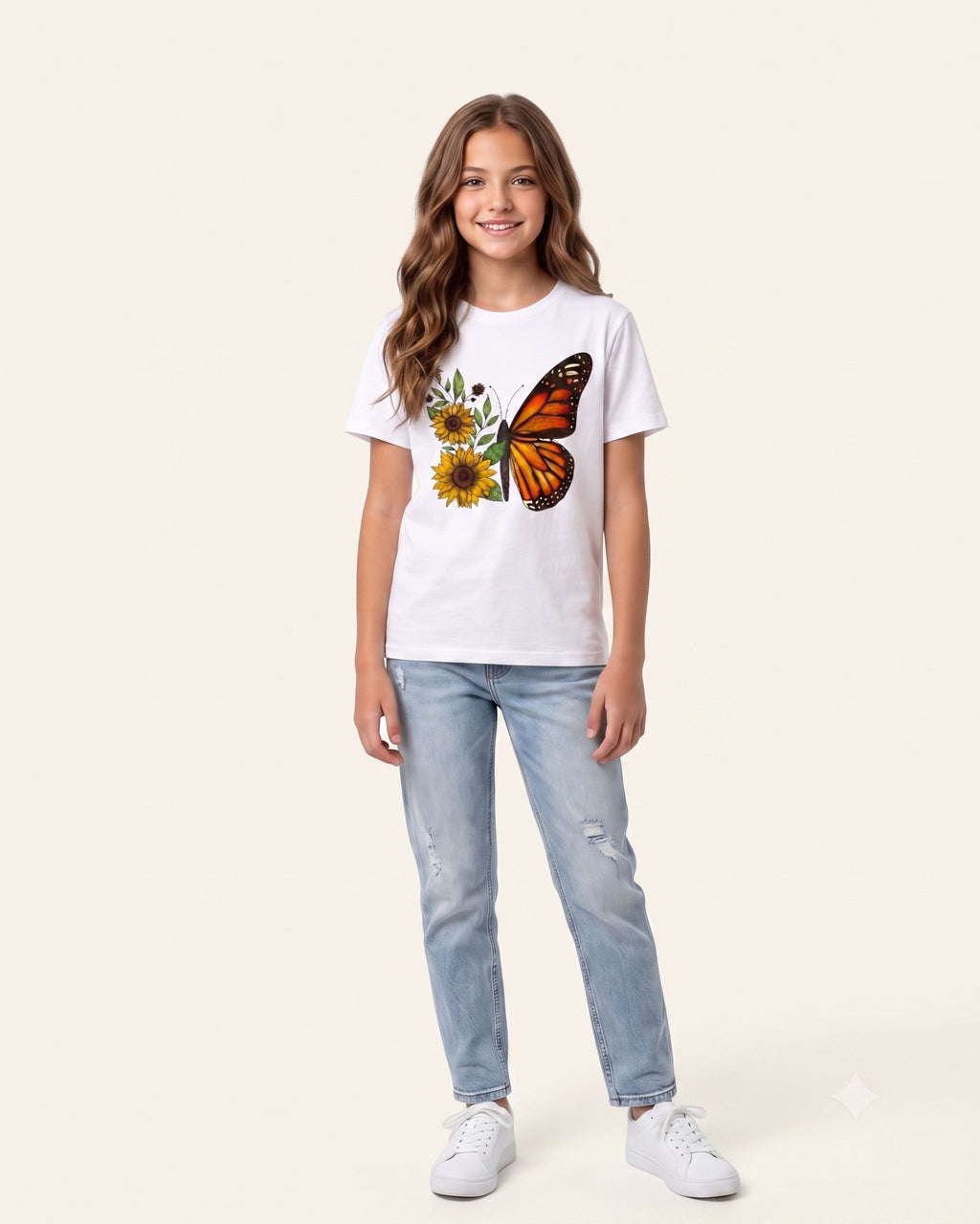 Girls Butterfly Sunflower Tee — White