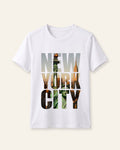 White kids cotton tee with NEW YORK CITY block lettering filled with a skyline