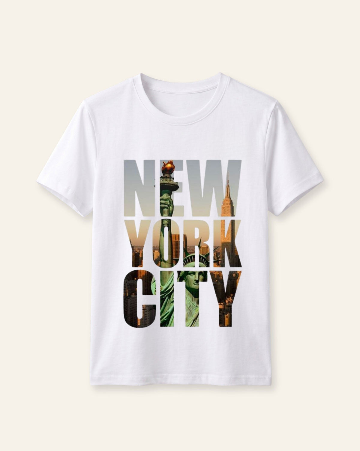 White kids cotton tee with NEW YORK CITY block lettering filled with a skyline