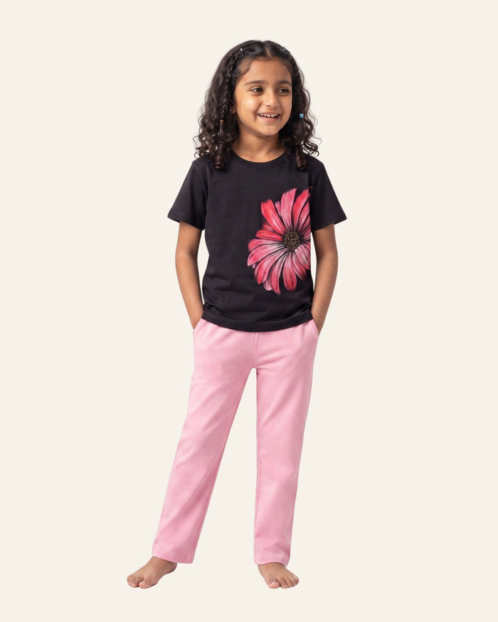 Girls Hibiscus Bloom Trouser Set — Black