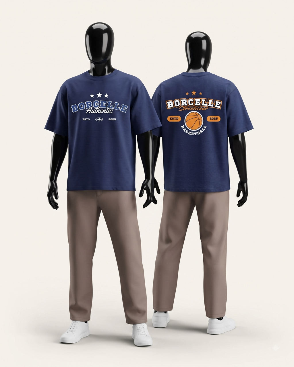 Navy cotton tee shown from the front and the back, both printed