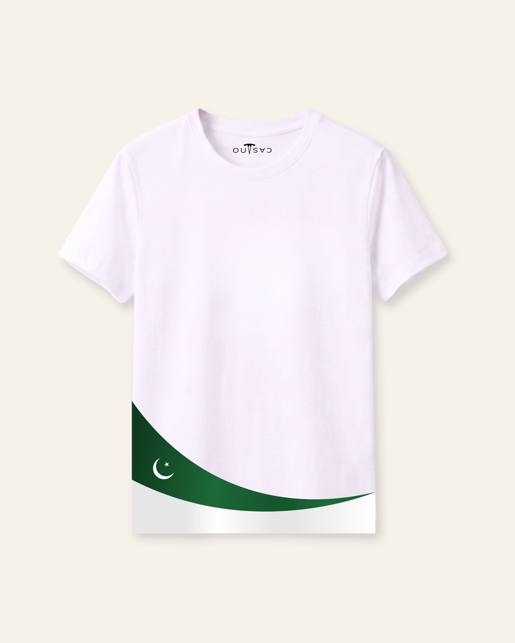 Kids white tee with a green flag ribbon print curling along the hem