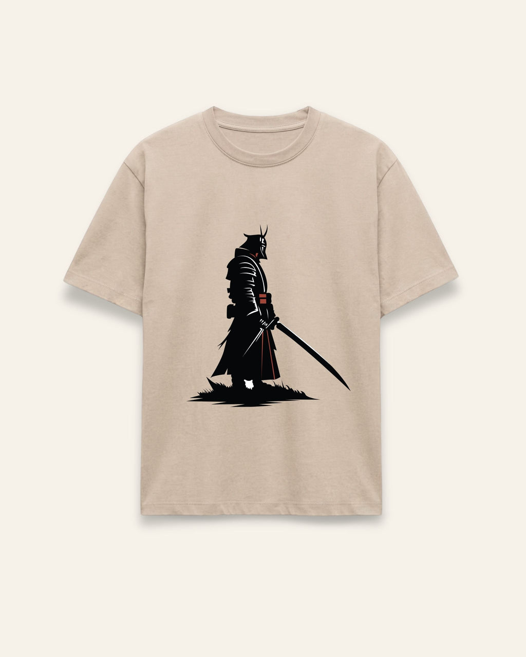 Front of the sand cotton tee with a black lone swordsman silhouette print