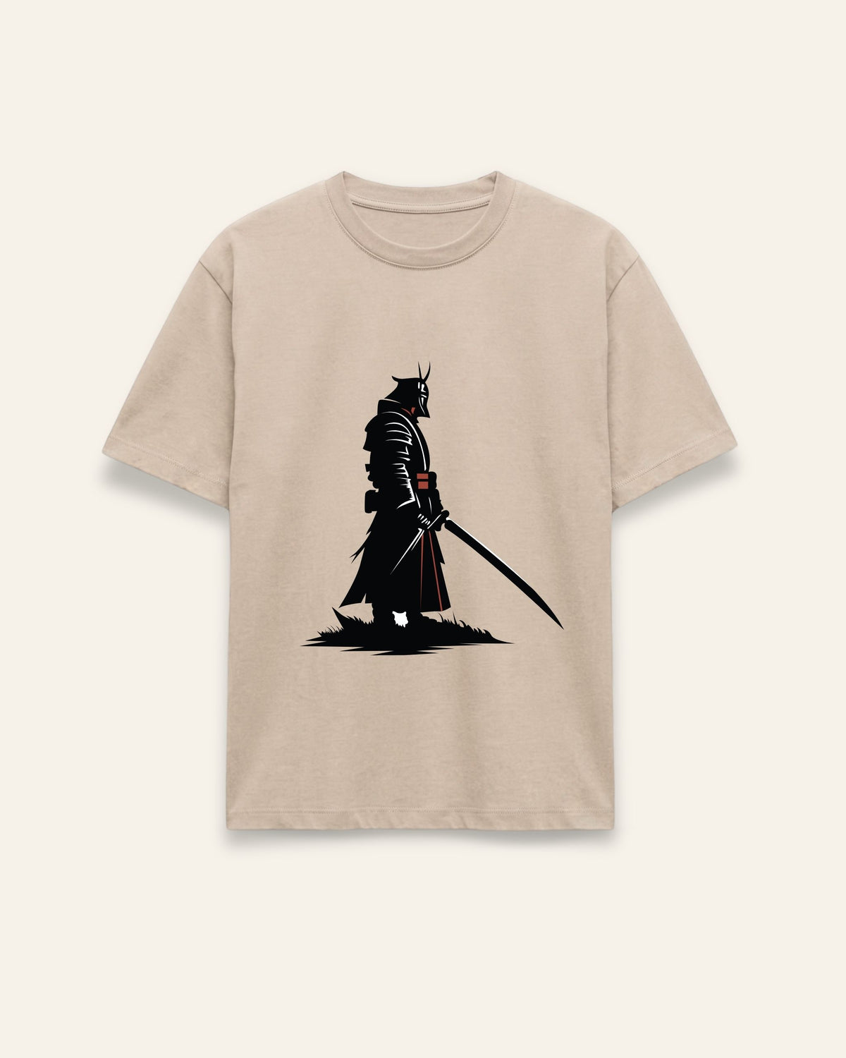 Front of the sand cotton tee with a black lone swordsman silhouette print