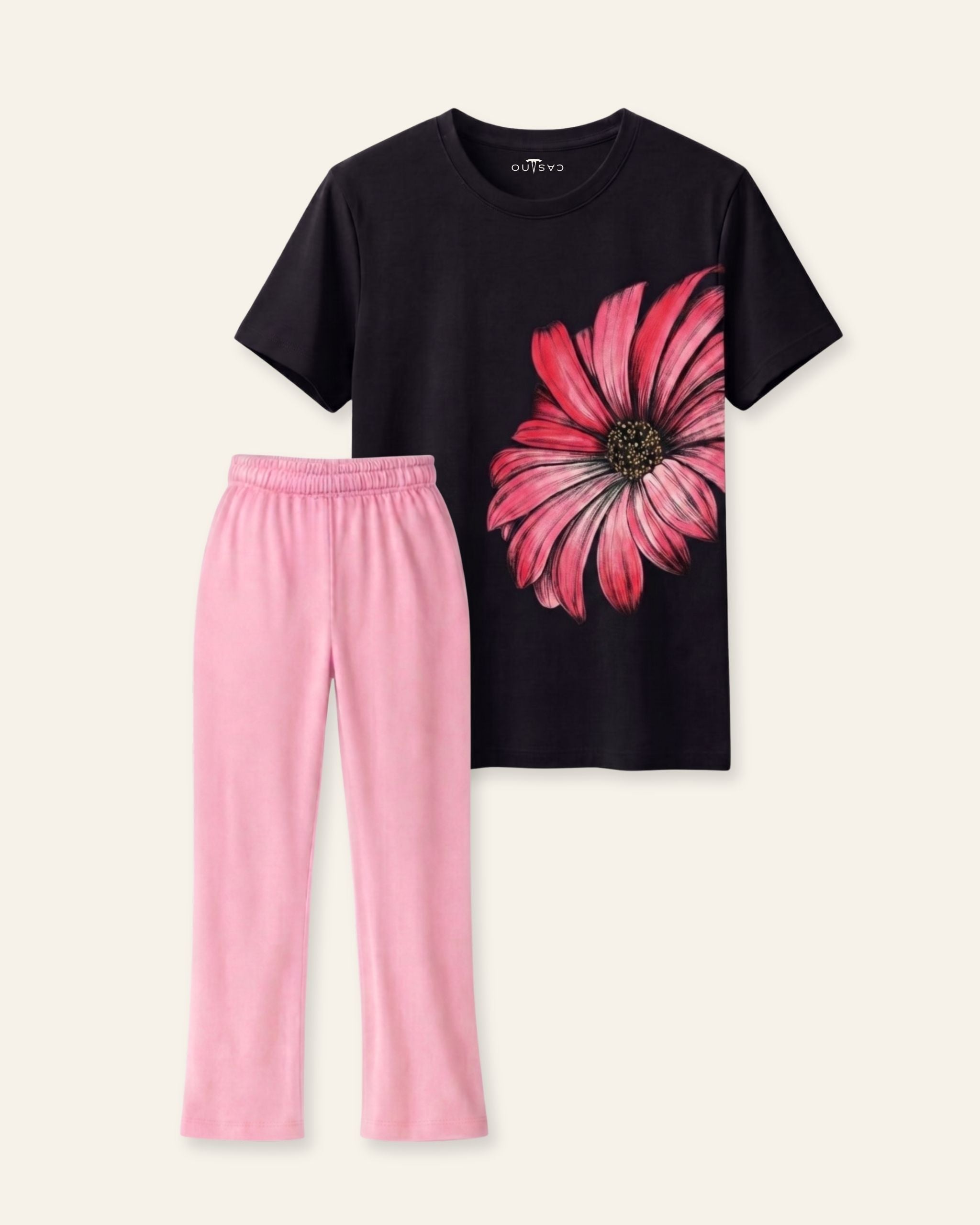 Girls Hibiscus Bloom Trouser Set — Black