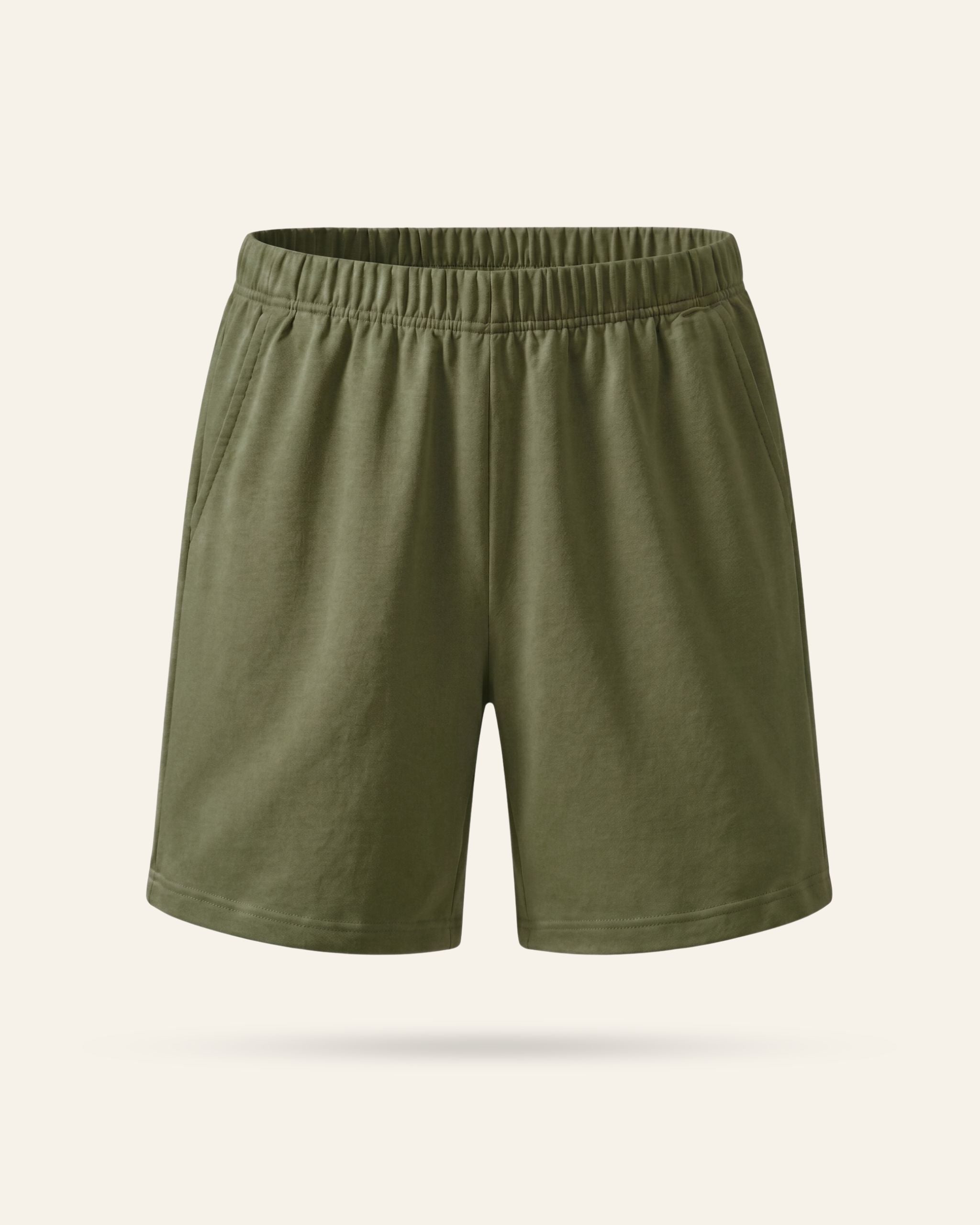 Kids olive shorts with an elastic waist, flat front
