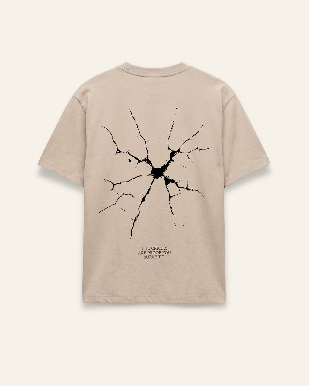 Back of the sand cotton tee with a black shattered-glass crack print