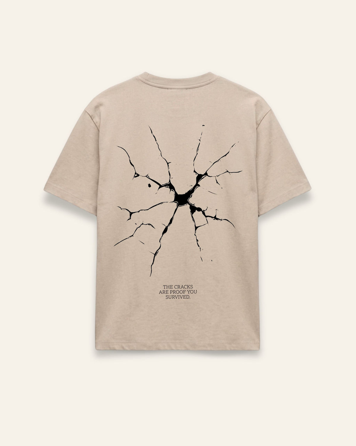 Back of the sand cotton tee with a black shattered-glass crack print